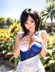 A woman in a blue and white dress standing in a field of sunflowers.