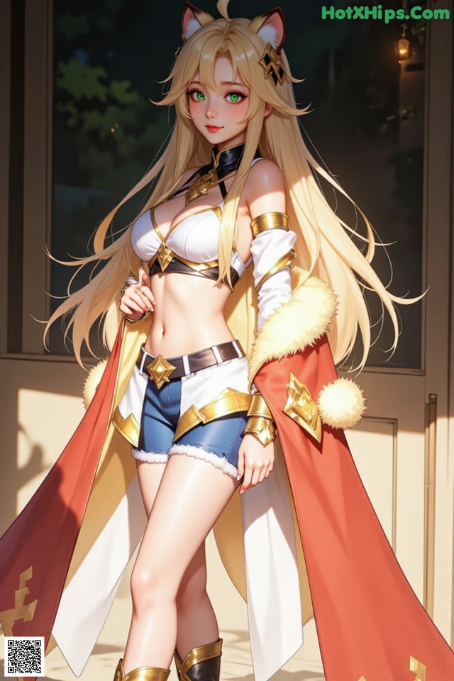 A woman in a white top and blue shorts with a red cape.