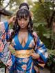 A woman in a blue and orange kimono posing for a picture.